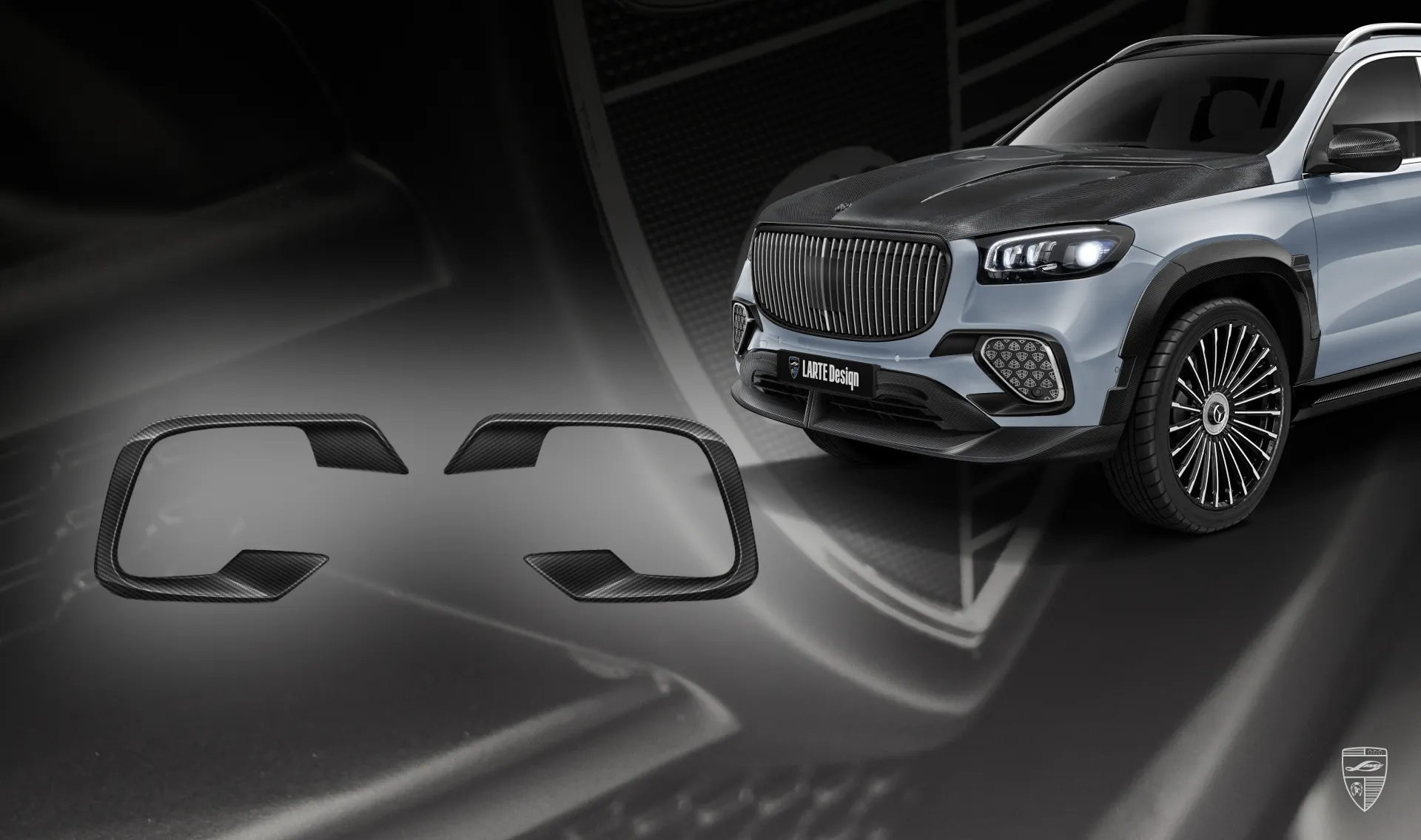Front bumper trim carbon upgrade for the luxury car Mercedes Maybach GLS 600 X167 Facelift 2025 from LARTE Design