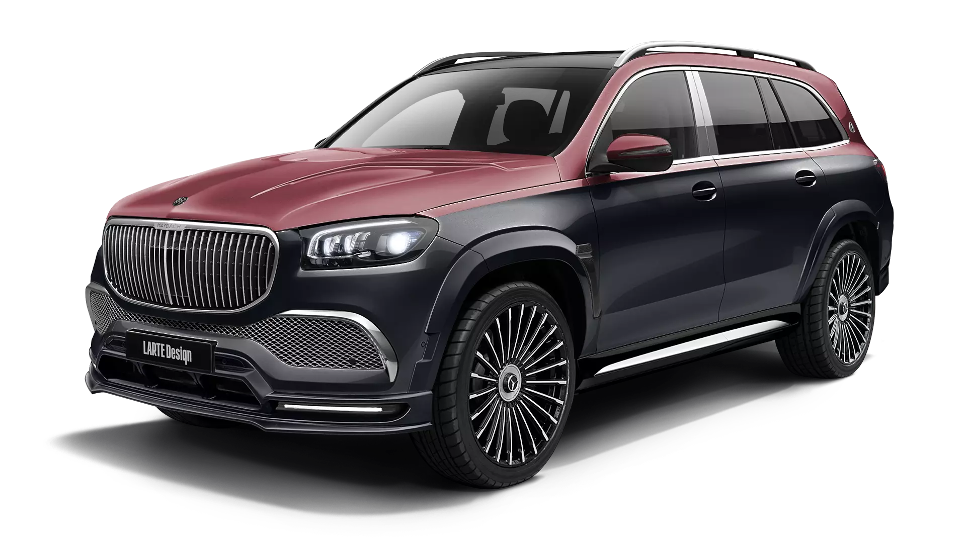 Mercedes Maybach GLS 600 with painted body kit: front view shown in Obsidian Black & Rubellite Red