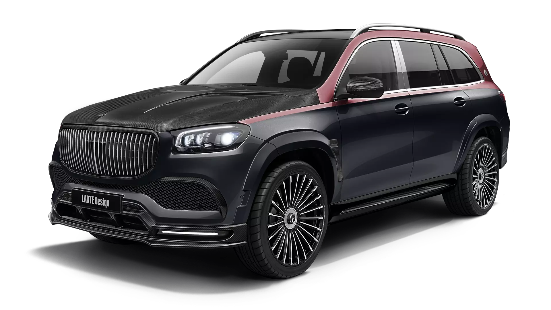 Mercedes Maybach GLS 600 with carbon body kit: front view shown in Obsidian Black & Rubellite Red