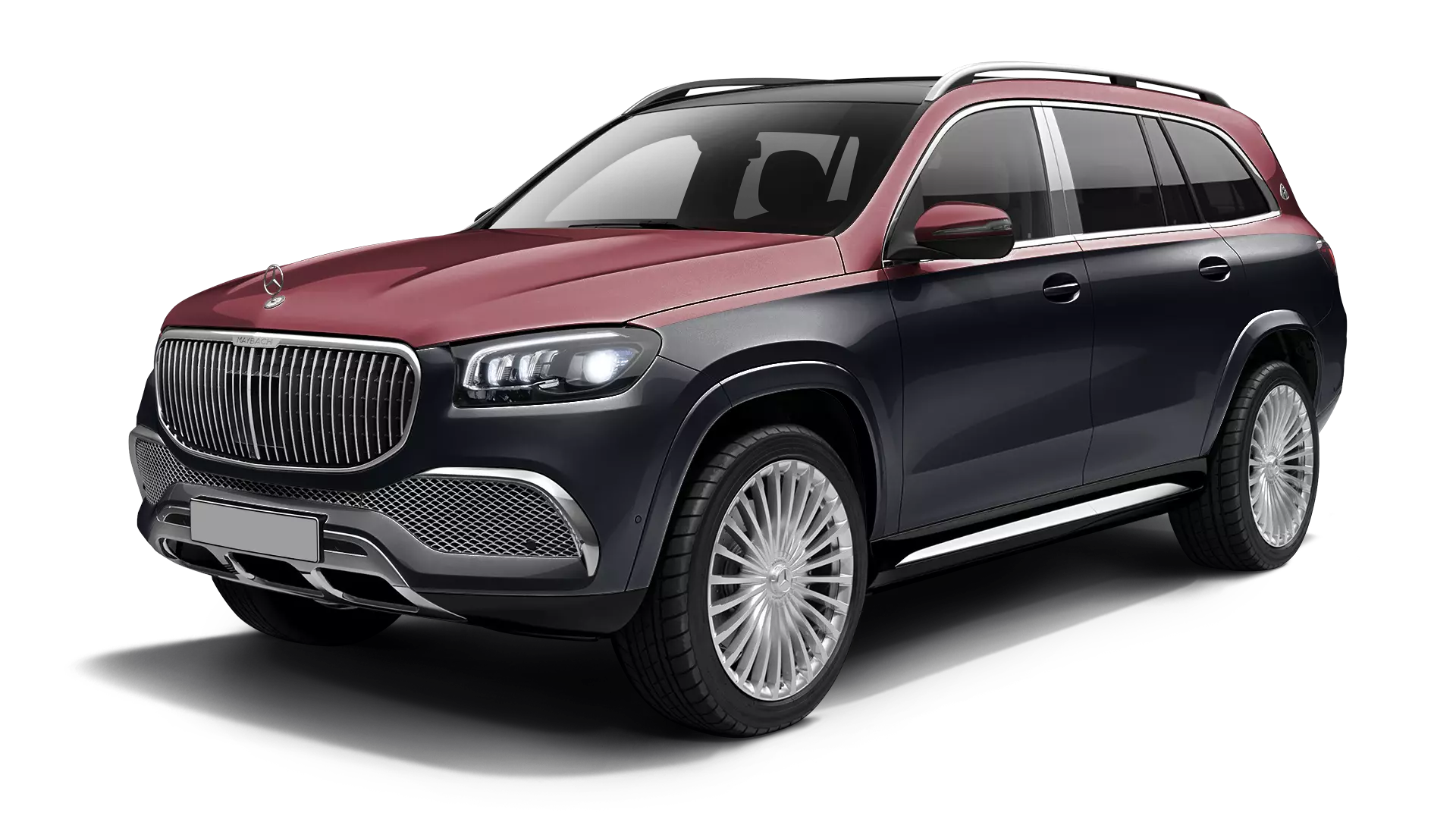 Mercedes Maybach GLS 600 with painted body kit: front view shown in Obsidian Black & Rubellite Red