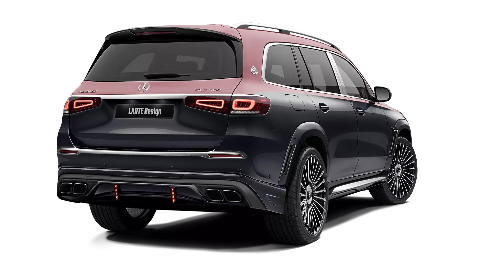 Mercedes Maybach GLS 600 with painted body kit: rear view shown in Obsidian Black & Rubellite Red