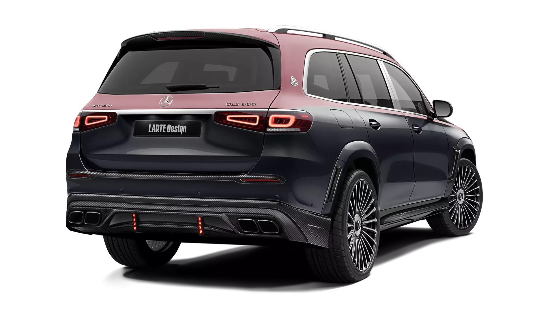 Mercedes Maybach GLS 600 with carbon body kit: back view shown in Obsidian Black & Rubellite Red