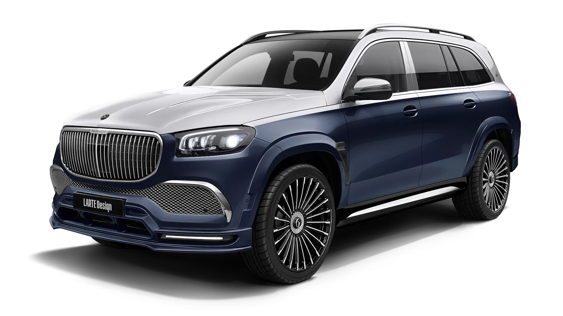 Mercedes Maybach GLS 600 with painted body kit: front view shown in Cavansite Blue & Iridium Silver