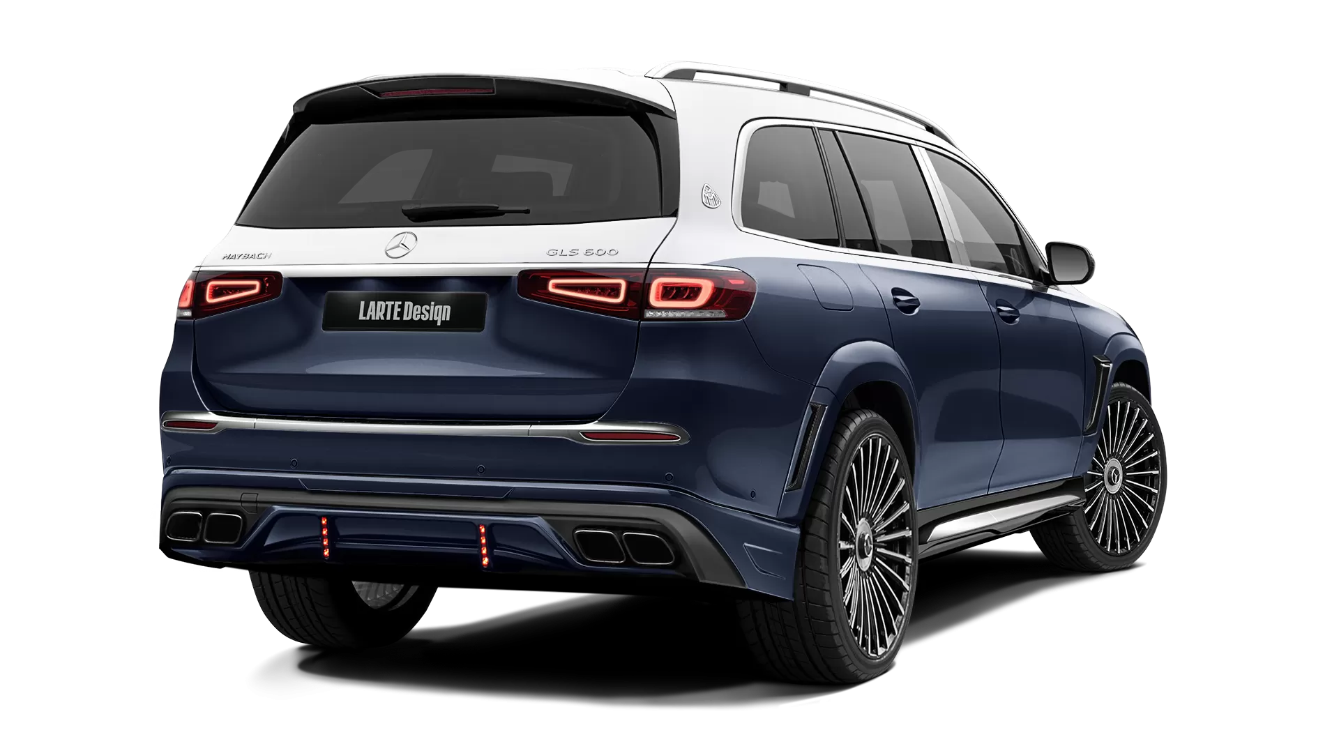 Mercedes Maybach GLS 600 with painted body kit: rear view shown in Cavansite Blue & Iridium Silver