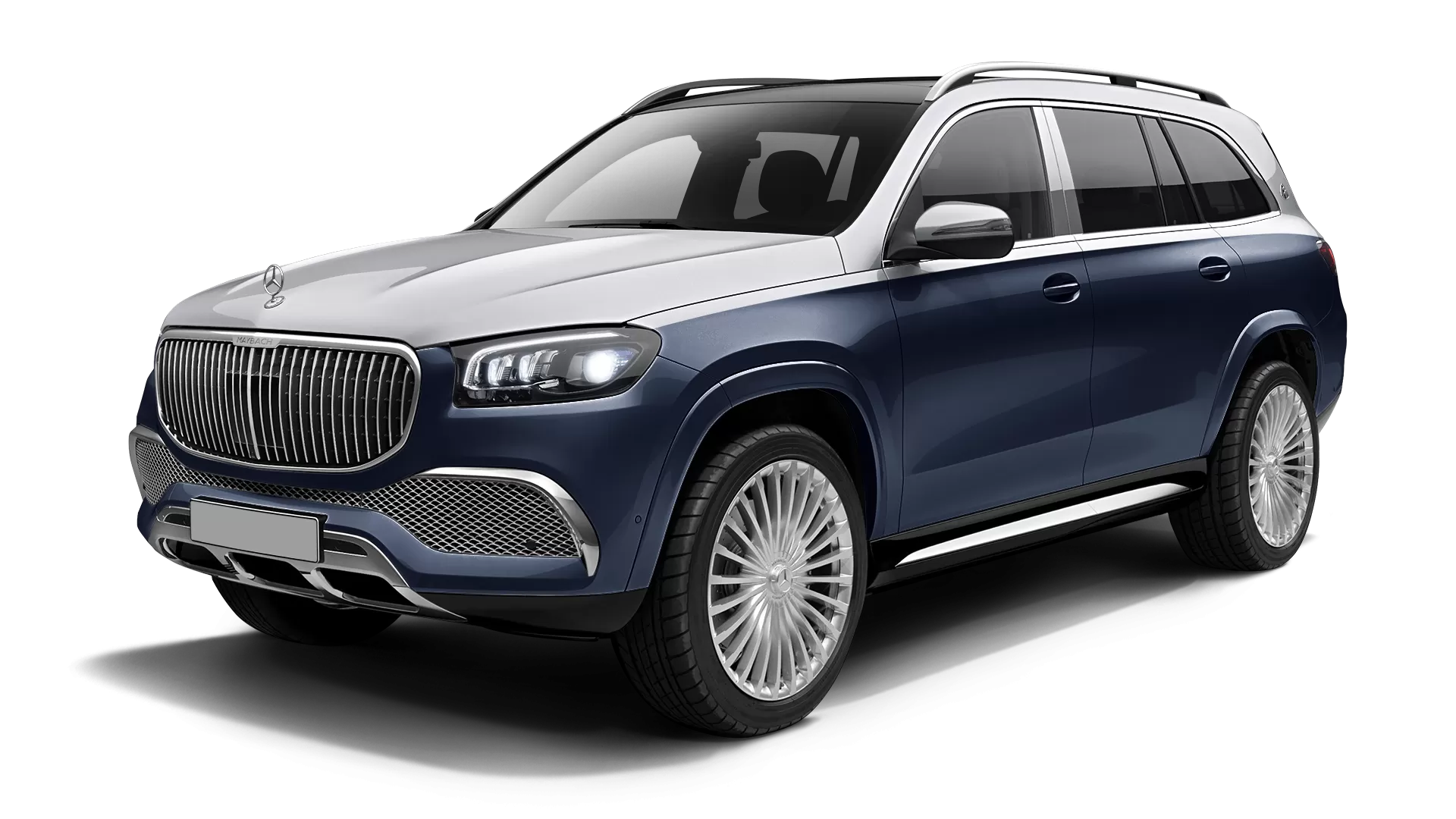 Mercedes Maybach GLS 600 stock front view in Cavansite Blue & Iridium Silver color