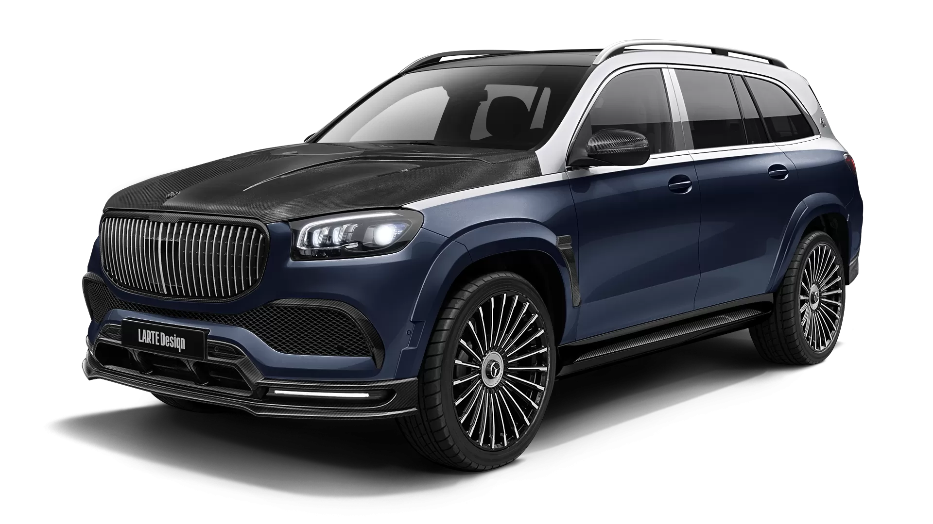 Mercedes Maybach GLS 600 with carbon body kit: front view shown in Cavansite Blue & Iridium Silver
