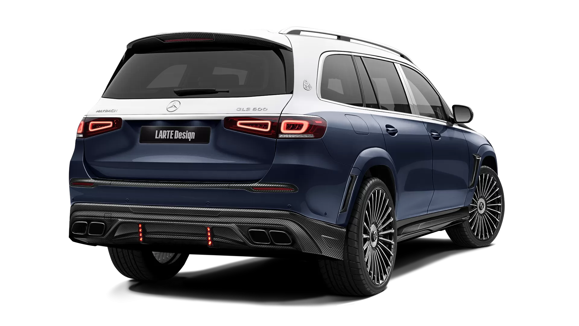 Mercedes Maybach GLS 600 with carbon body kit: back view shown in Cavansite Blue & Iridium Silver