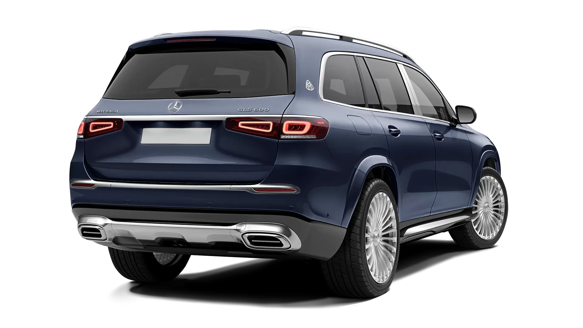 Mercedes Maybach GLS 600 stock rear view in Cavansite Blue color