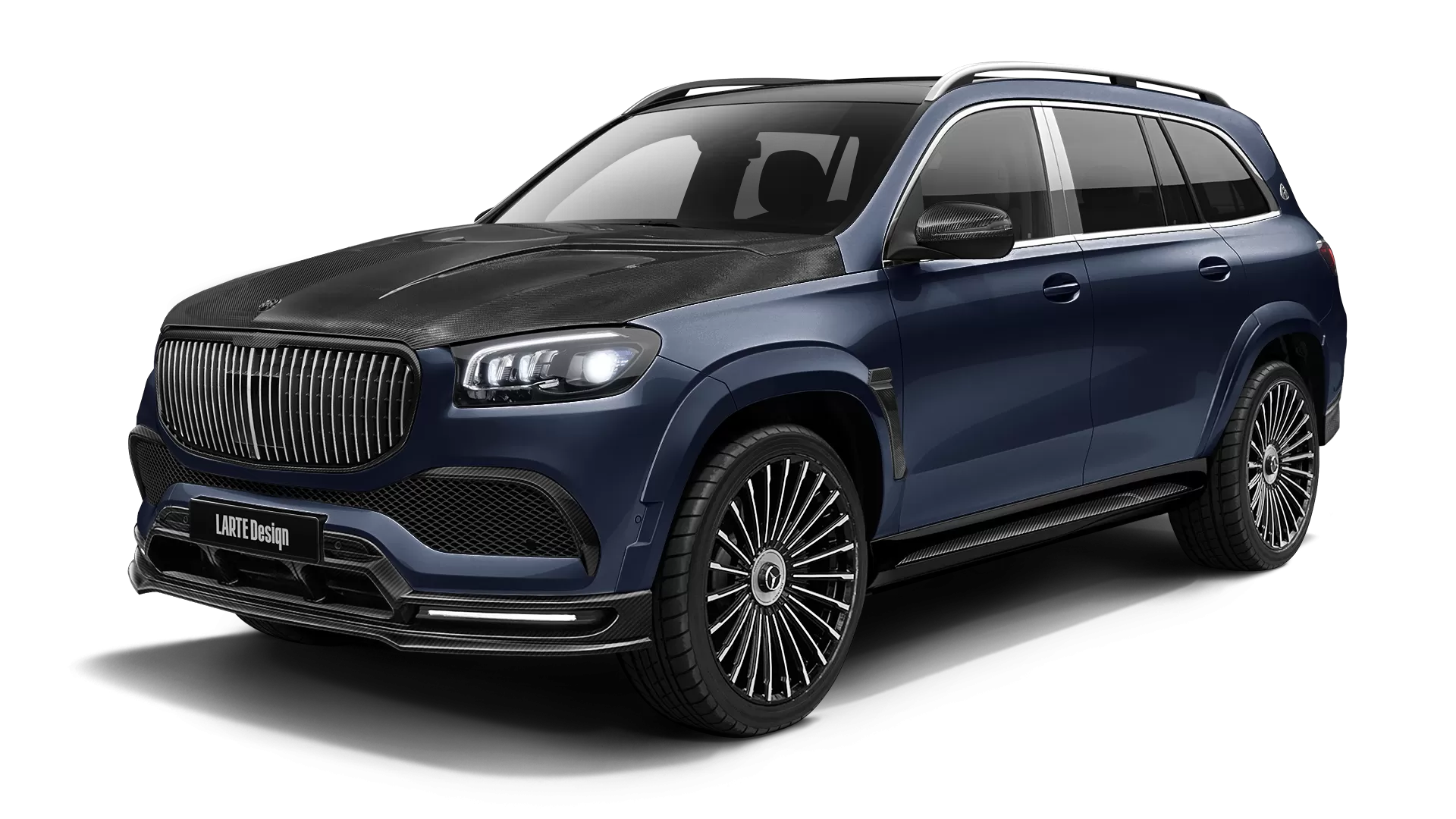 Mercedes Maybach GLS 600 with carbon body kit: front view shown in Cavansite Blue