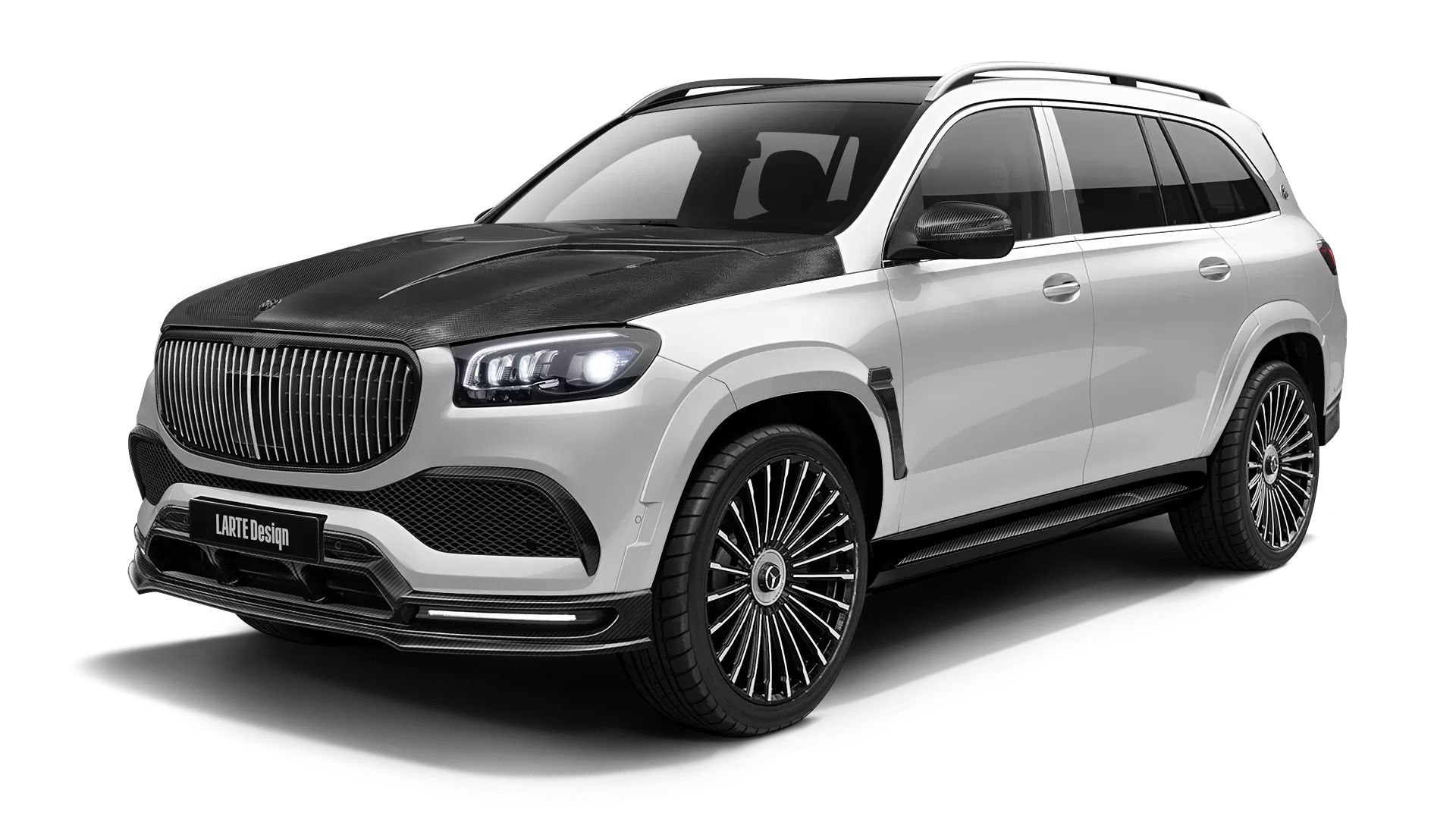 Mercedes Maybach GLS 600 with carbon body kit: front view shown in Diamond White