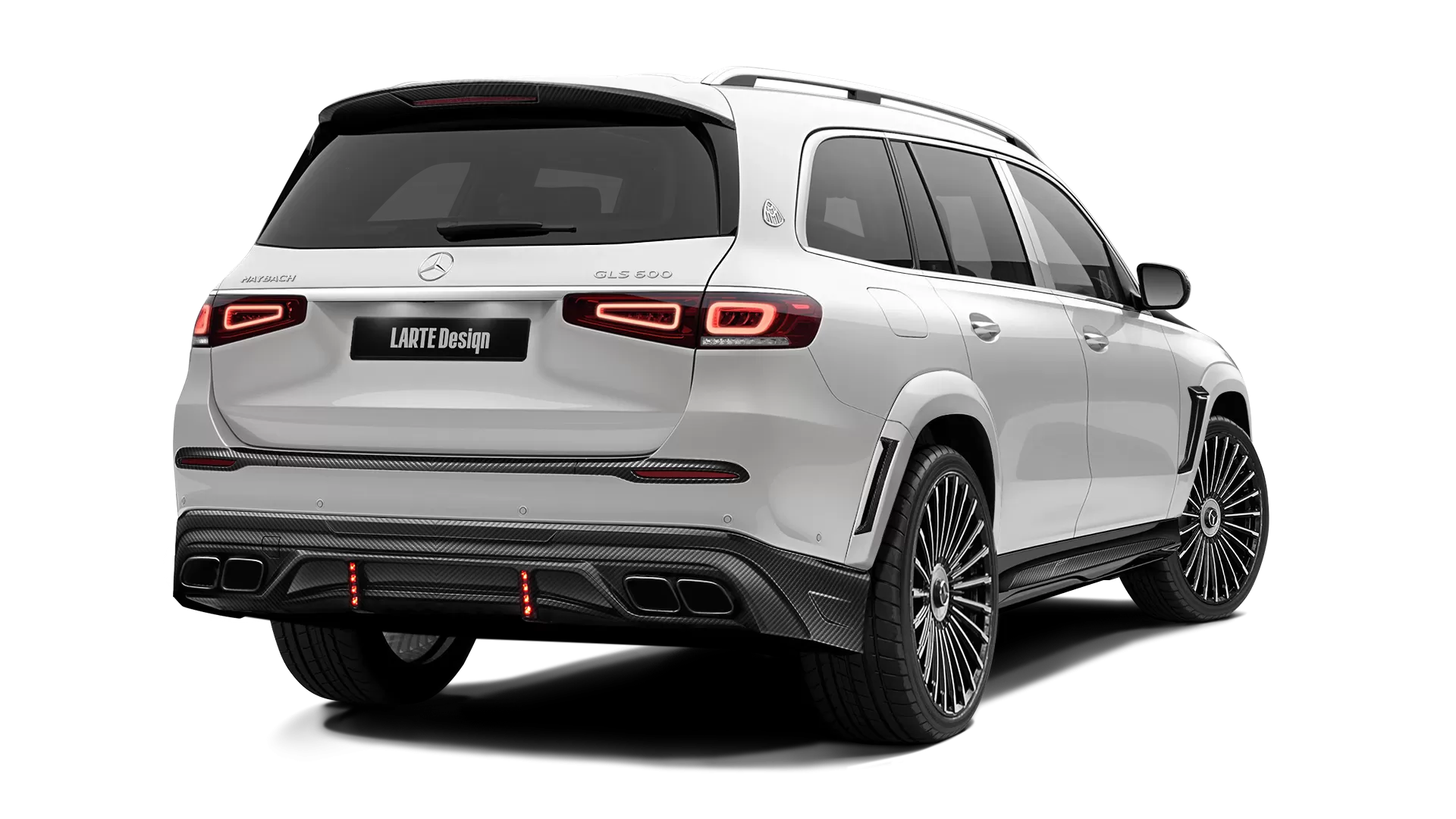 Mercedes Maybach GLS 600 with carbon body kit: back view shown in Diamond White