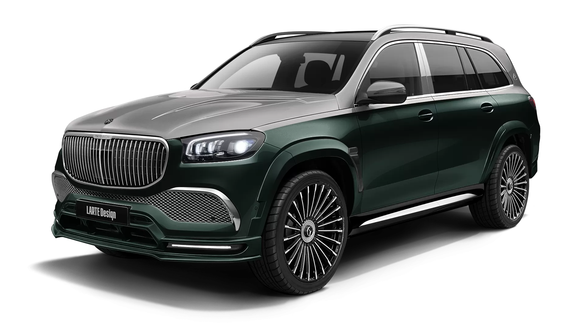 Mercedes Maybach GLS 600 with painted body kit: front view shown in Emerald Green & Mojave Silver