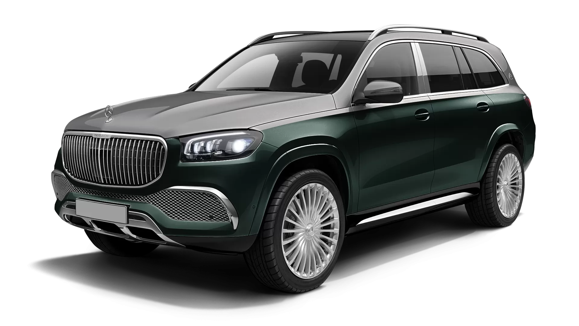 Mercedes Maybach GLS 600 stock front view in Emerald Green & Mojave Silver color