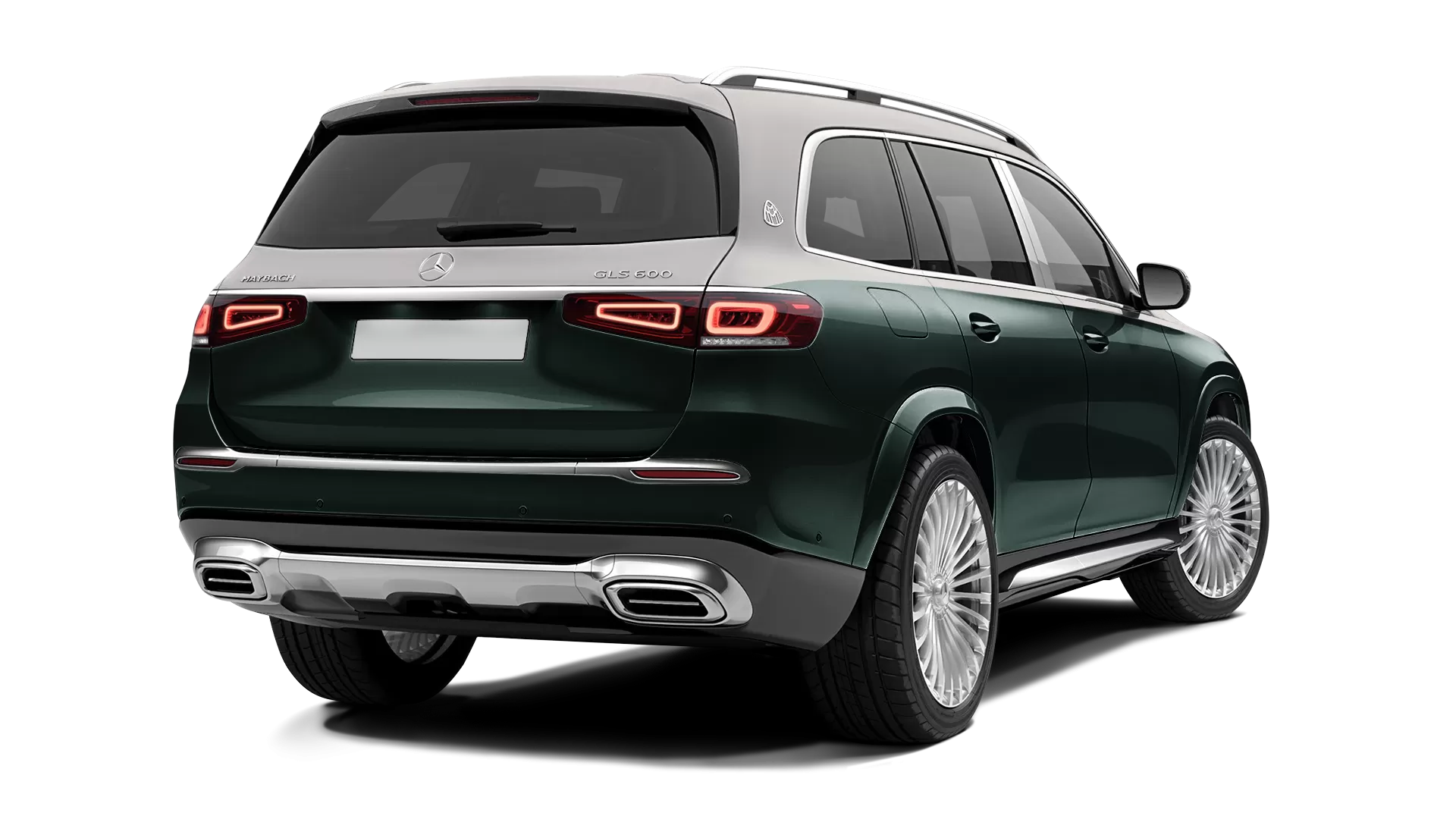 Mercedes Maybach GLS 600 stock rear view in Emerald Green & Mojave Silver color