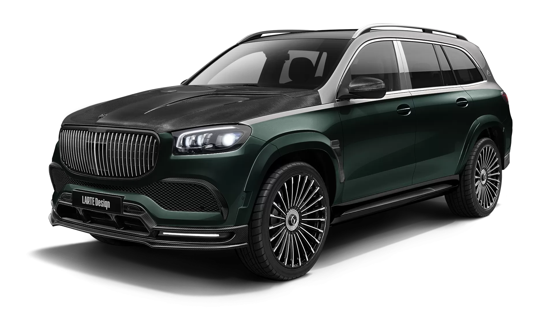 Mercedes Maybach GLS 600 with carbon body kit: front view shown in Emerald Green & Mojave Silver