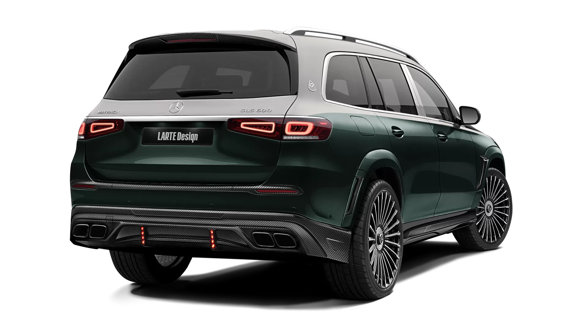 Mercedes Maybach GLS 600 with carbon body kit: back view shown in Emerald Green & Mojave Silver