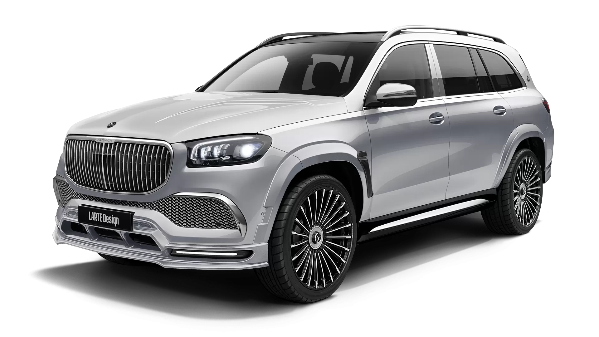 Mercedes Maybach GLS 600 with painted body kit: front view shown in High Tech Silver & Diamond White