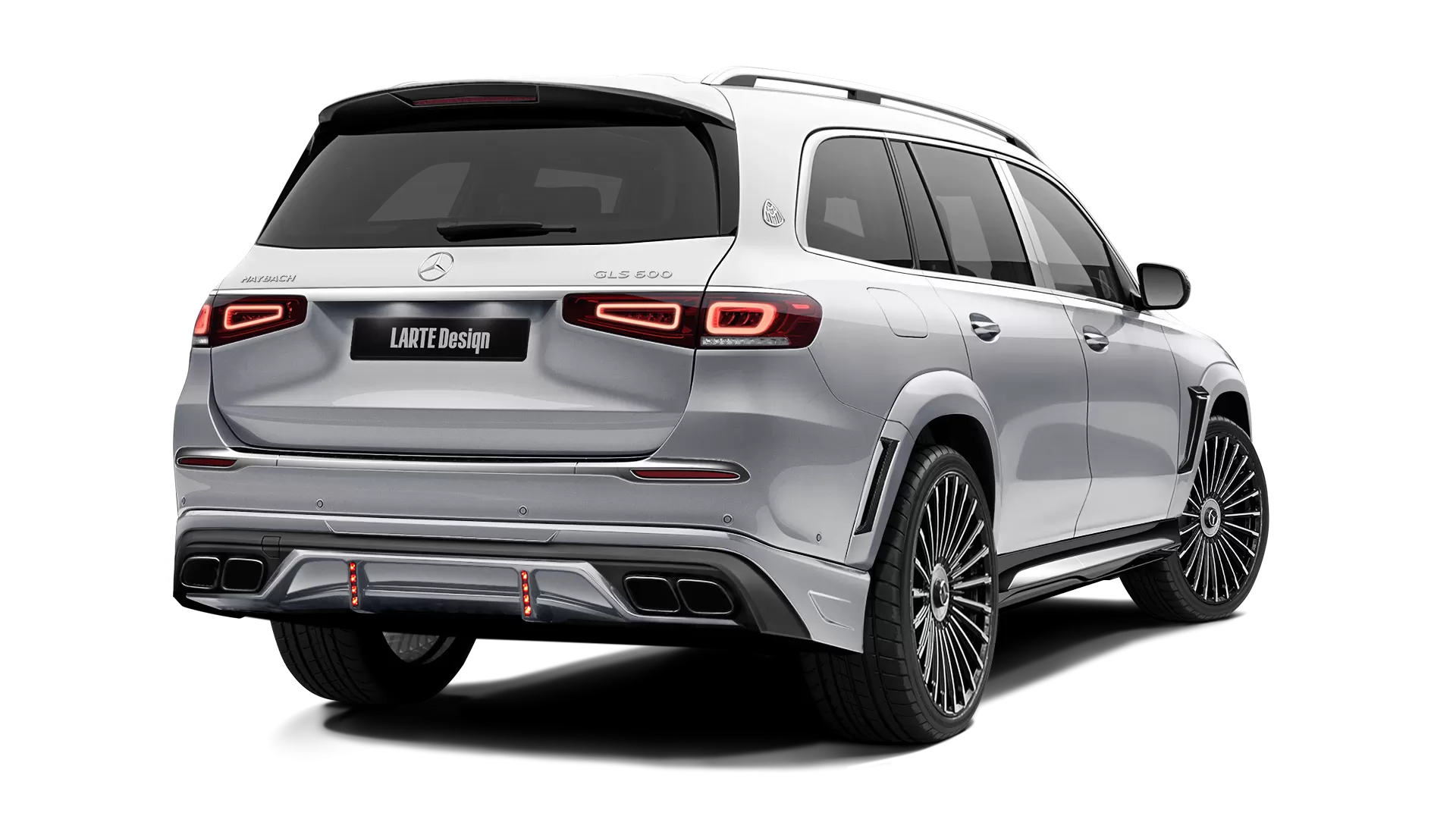 Mercedes Maybach GLS 600 with painted body kit: rear view shown in High Tech Silver & Diamond White