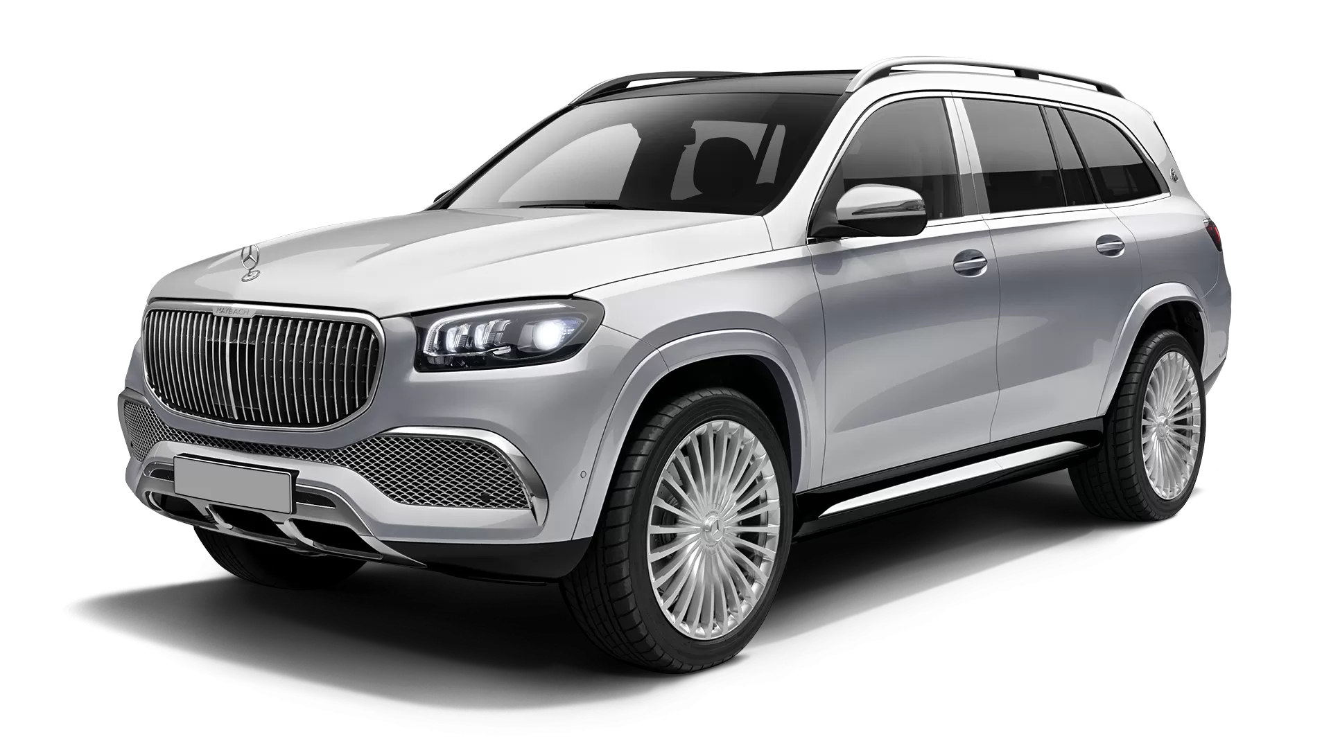 Mercedes Maybach GLS 600 stock front view in High Tech Silver & Diamond White color