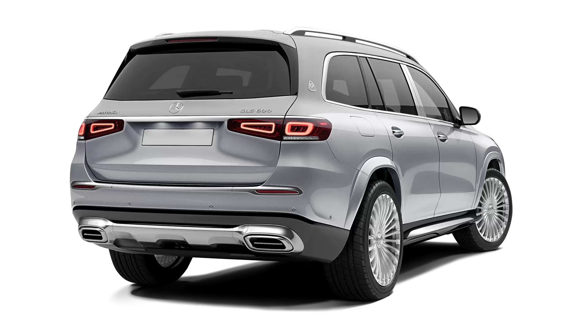 Mercedes Maybach GLS 600 stock rear view in High Tech Silver & Diamond White color