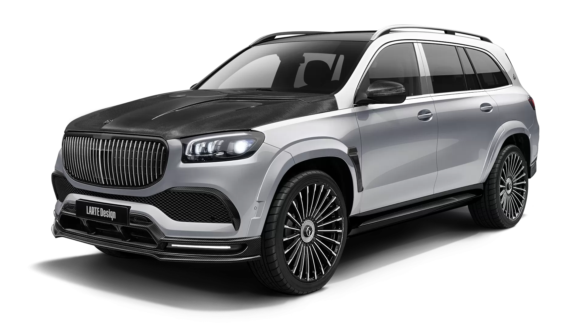 Mercedes Maybach GLS 600 with carbon body kit: front view shown in High Tech Silver & Diamond White