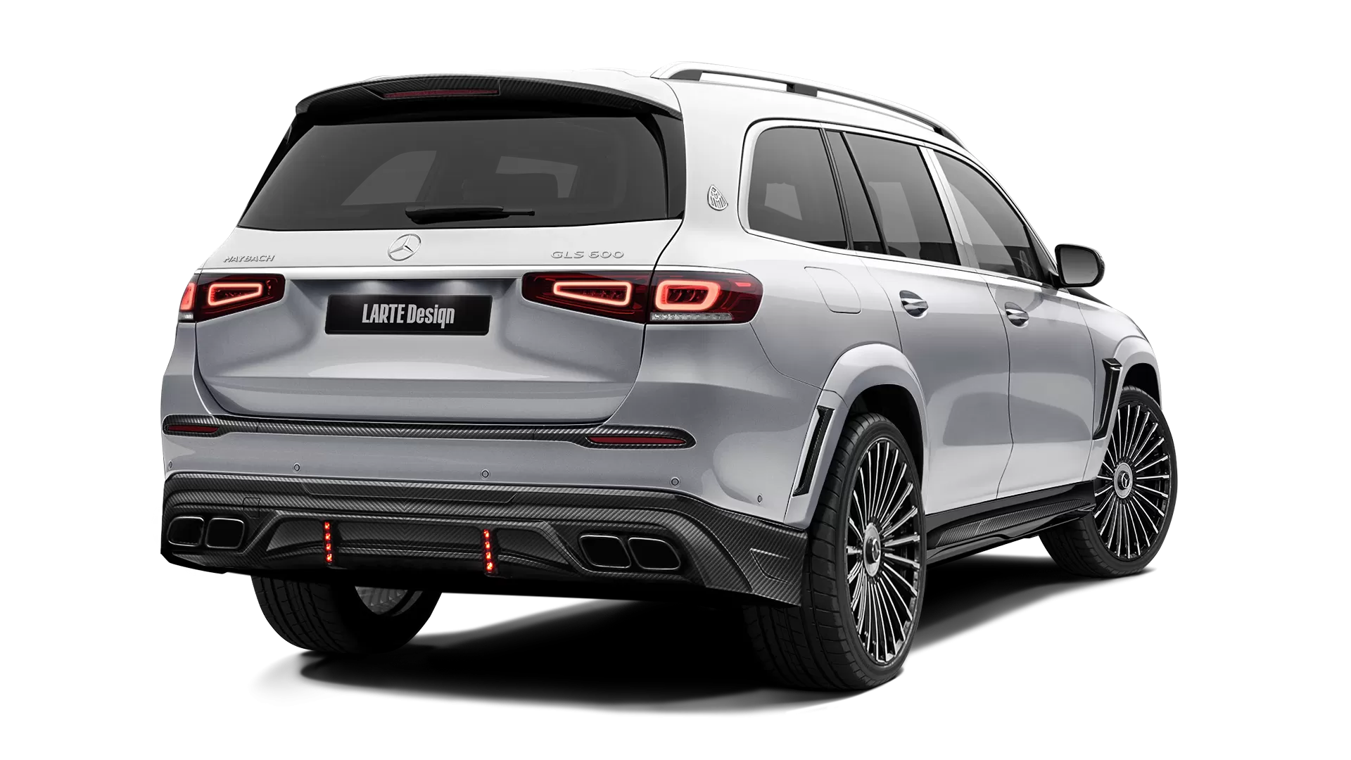 Mercedes Maybach GLS 600 with carbon body kit: back view shown in High Tech Silver & Diamond White