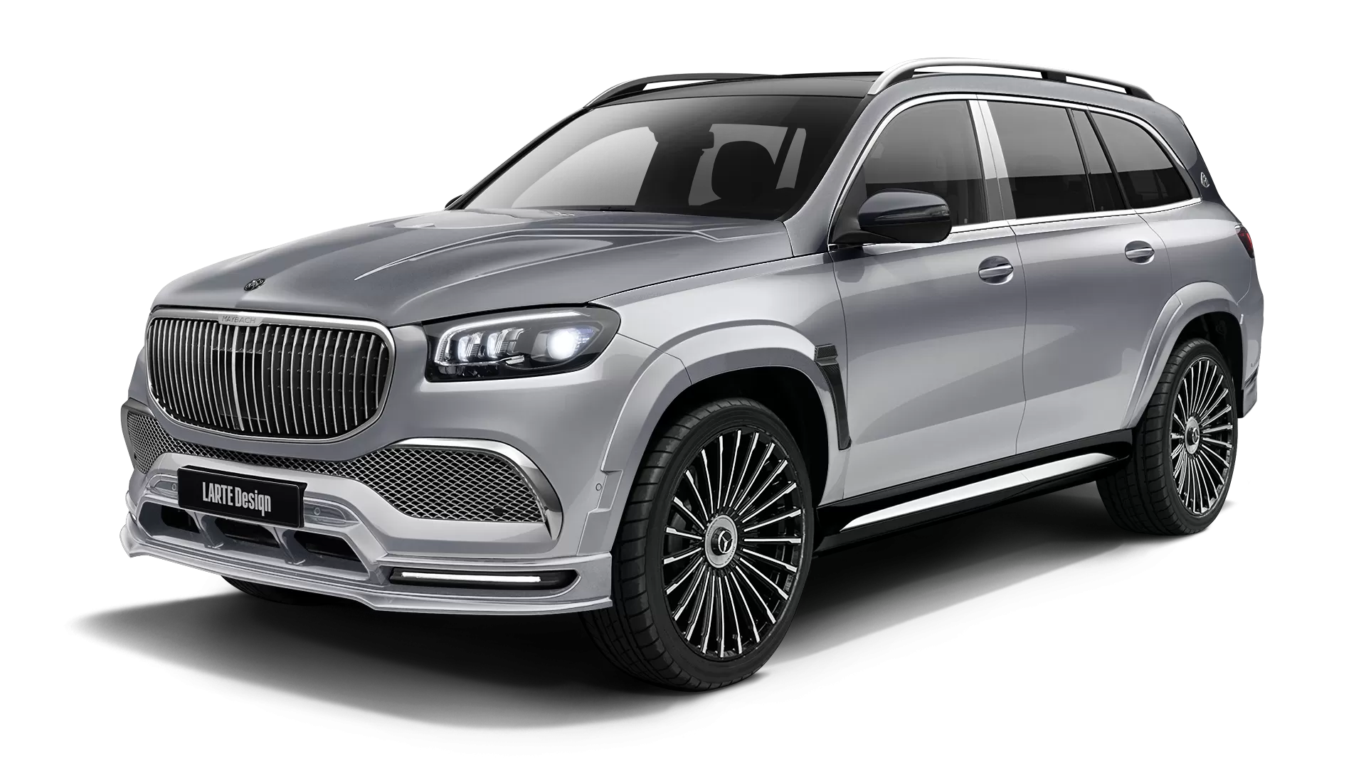 Mercedes Maybach GLS 600 with painted body kit: front view shown in High Tech Silver & Selenite Grey