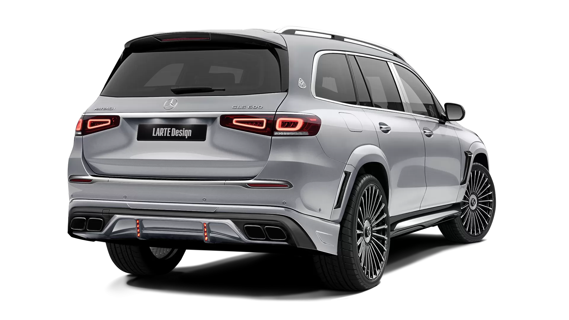 Mercedes Maybach GLS 600 with painted body kit: rear view shown in High Tech Silver & Selenite Grey