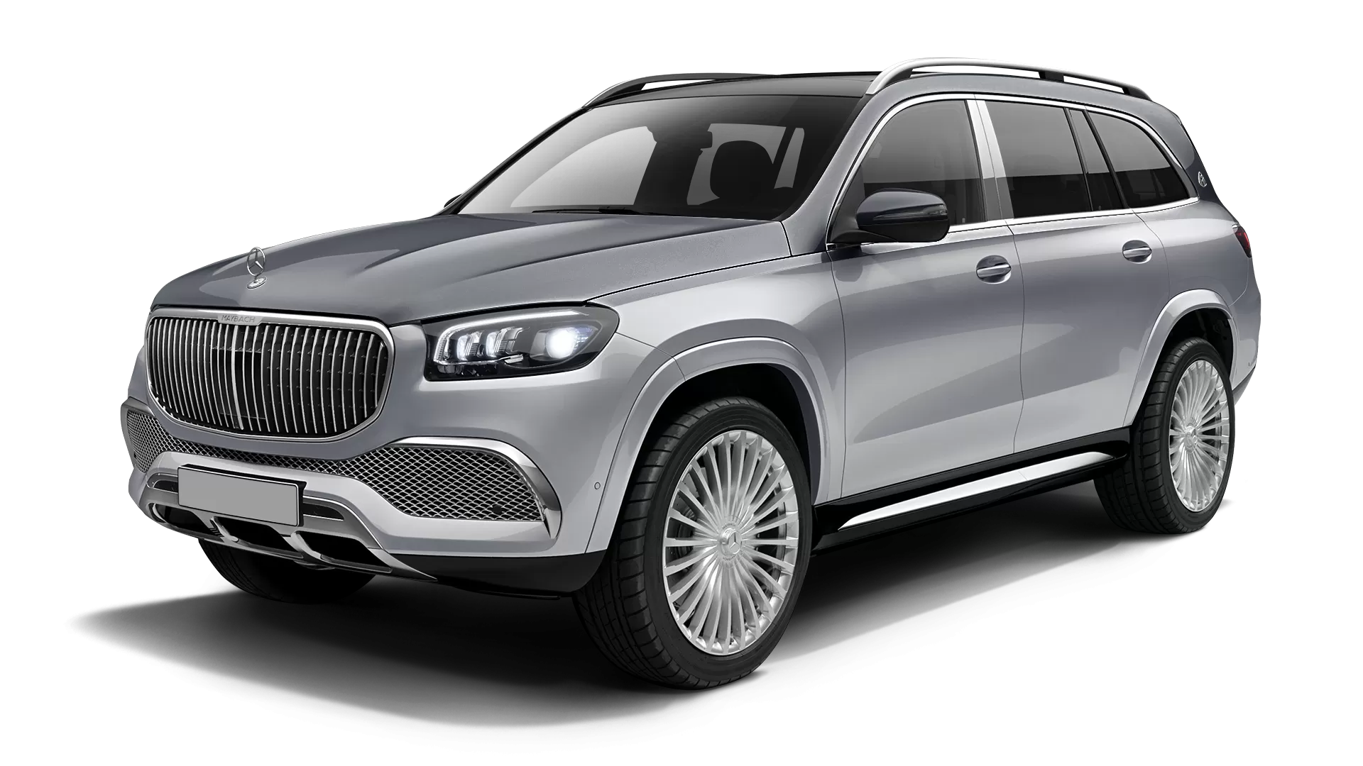Mercedes Maybach GLS 600 stock front view in High Tech Silver & Selenite Grey color