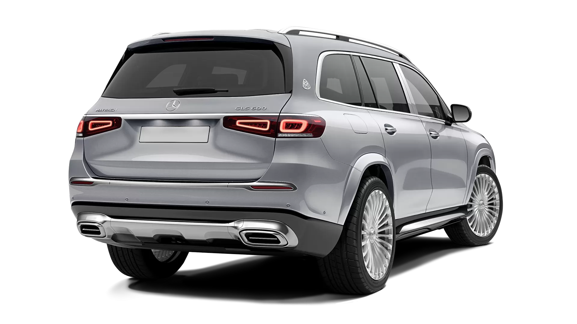 Mercedes Maybach GLS 600 stock rear view in High Tech Silver & Selenite Grey color