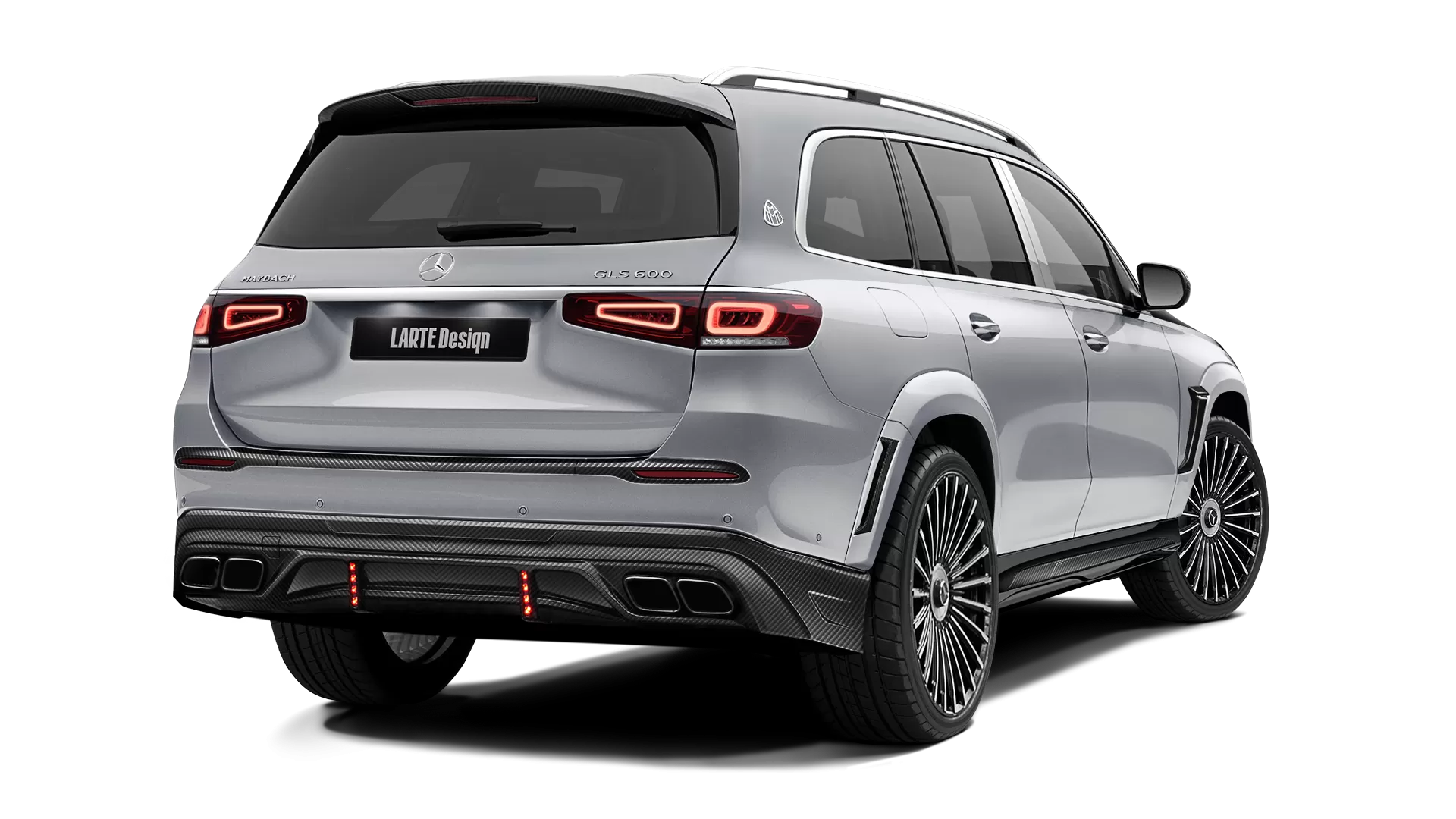 Mercedes Maybach GLS 600 with carbon body kit: back view shown in High Tech Silver & Selenite Grey