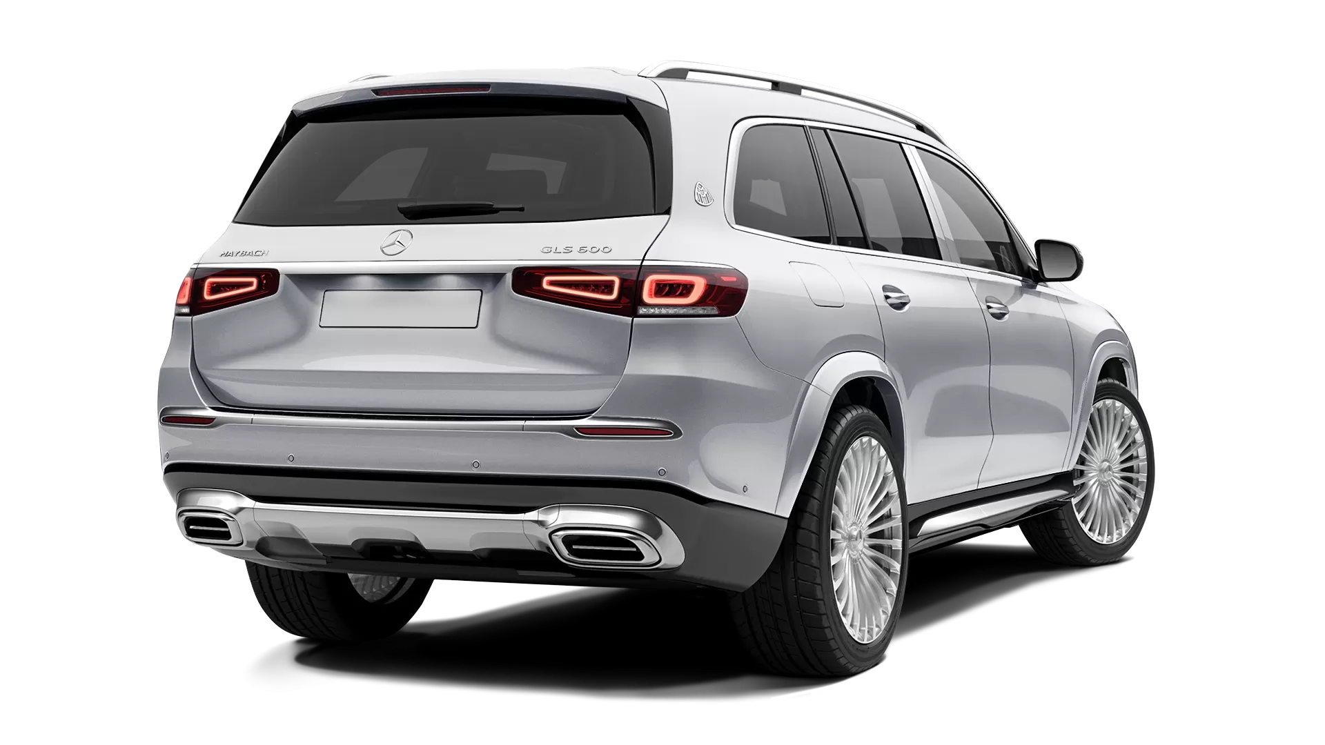 Mercedes Maybach GLS 600 stock rear view in High Tech Silver color