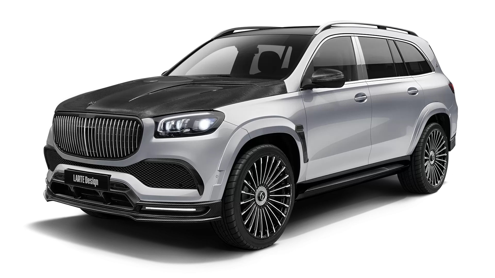 Mercedes Maybach GLS 600 with carbon body kit: front view shown in High Tech Silver