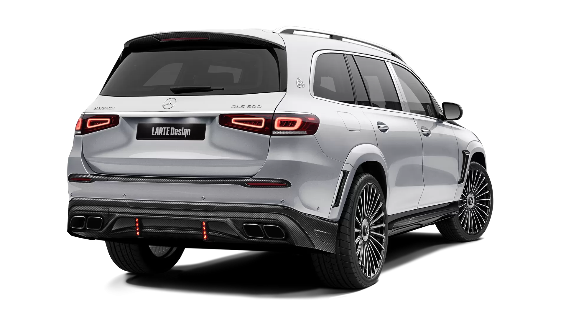 Mercedes Maybach GLS 600 with carbon body kit: back view shown in High Tech Silver