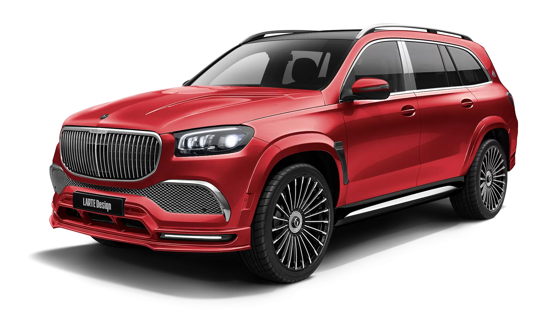 Mercedes Maybach GLS 600 with painted body kit: front view shown in Hyacinthe Red