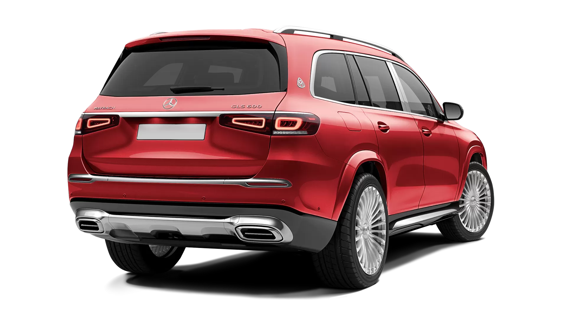 Mercedes Maybach GLS 600 stock rear view in Hyacinthe Red color