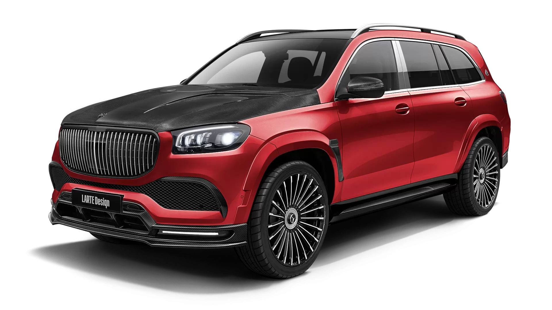 Mercedes Maybach GLS 600 with carbon body kit: front view shown in Hyacinthe Red