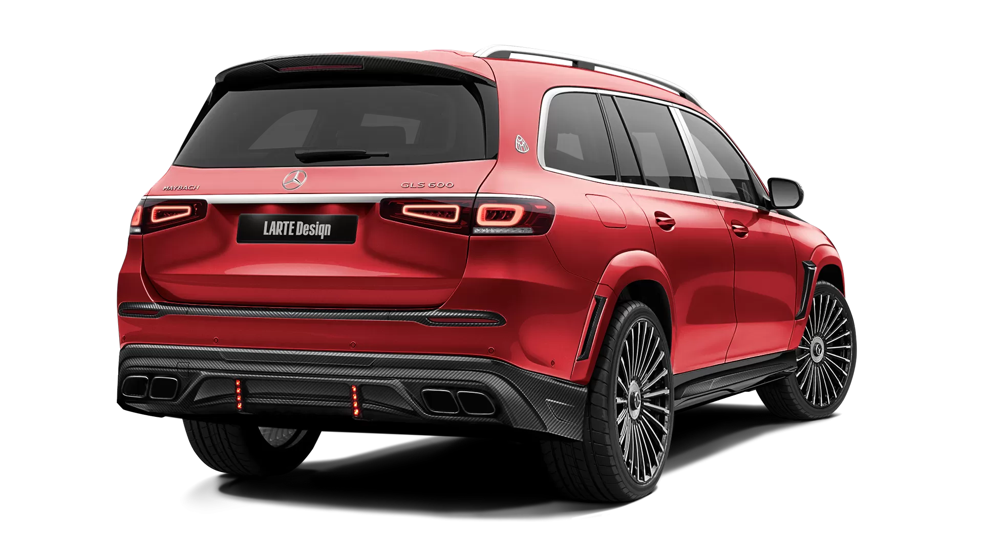 Mercedes Maybach GLS 600 with carbon body kit: back view shown in Hyacinthe Red