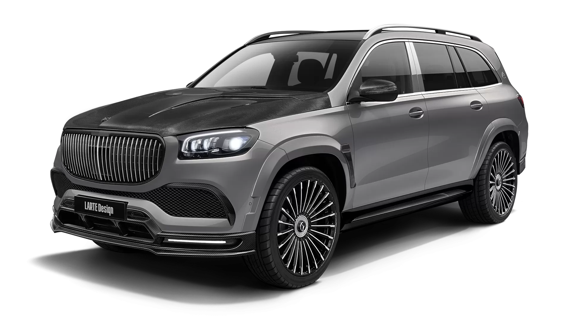 Mercedes Maybach GLS 600 with carbon body kit: front view shown in Mojave Silver