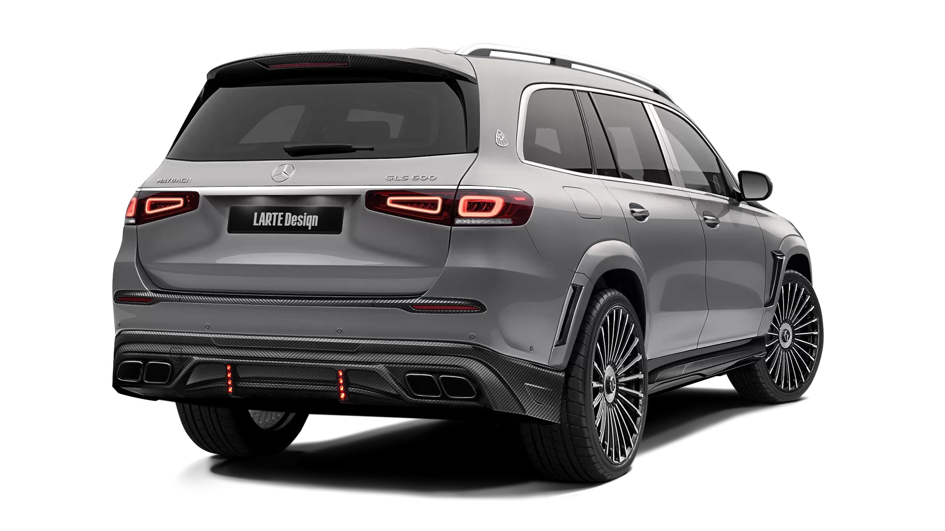 Mercedes Maybach GLS 600 with carbon body kit: back view shown in Mojave Silver