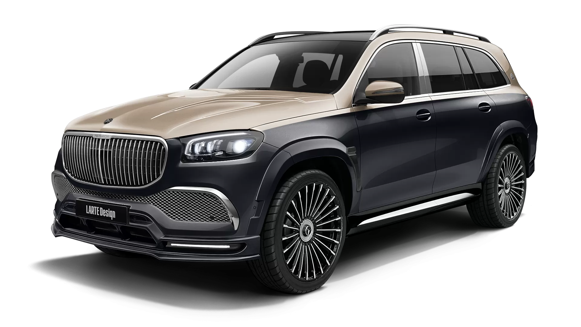 Mercedes Maybach GLS 600 with painted body kit: front view shown in Obsidian Black & Kalahari Gold