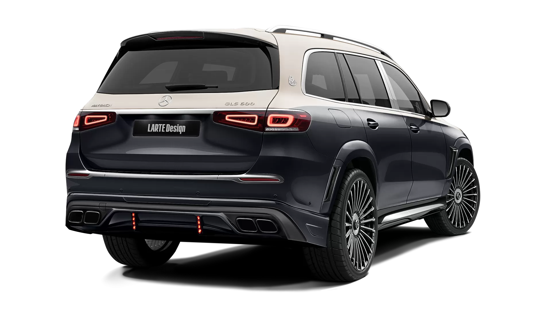 Mercedes Maybach GLS 600 with painted body kit: rear view shown in Obsidian Black & Kalahari Gold