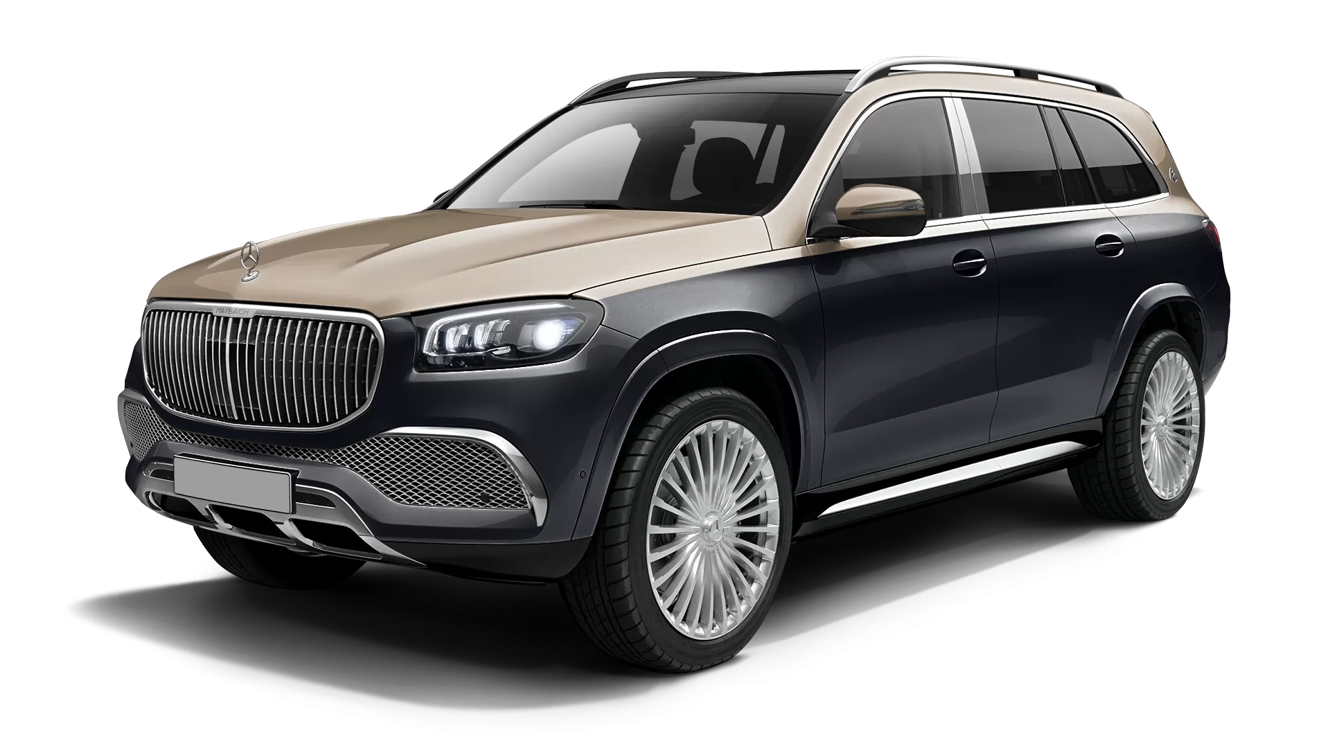 Mercedes Maybach GLS 600 stock front view in Obsidian Black & Kalahari Gold color