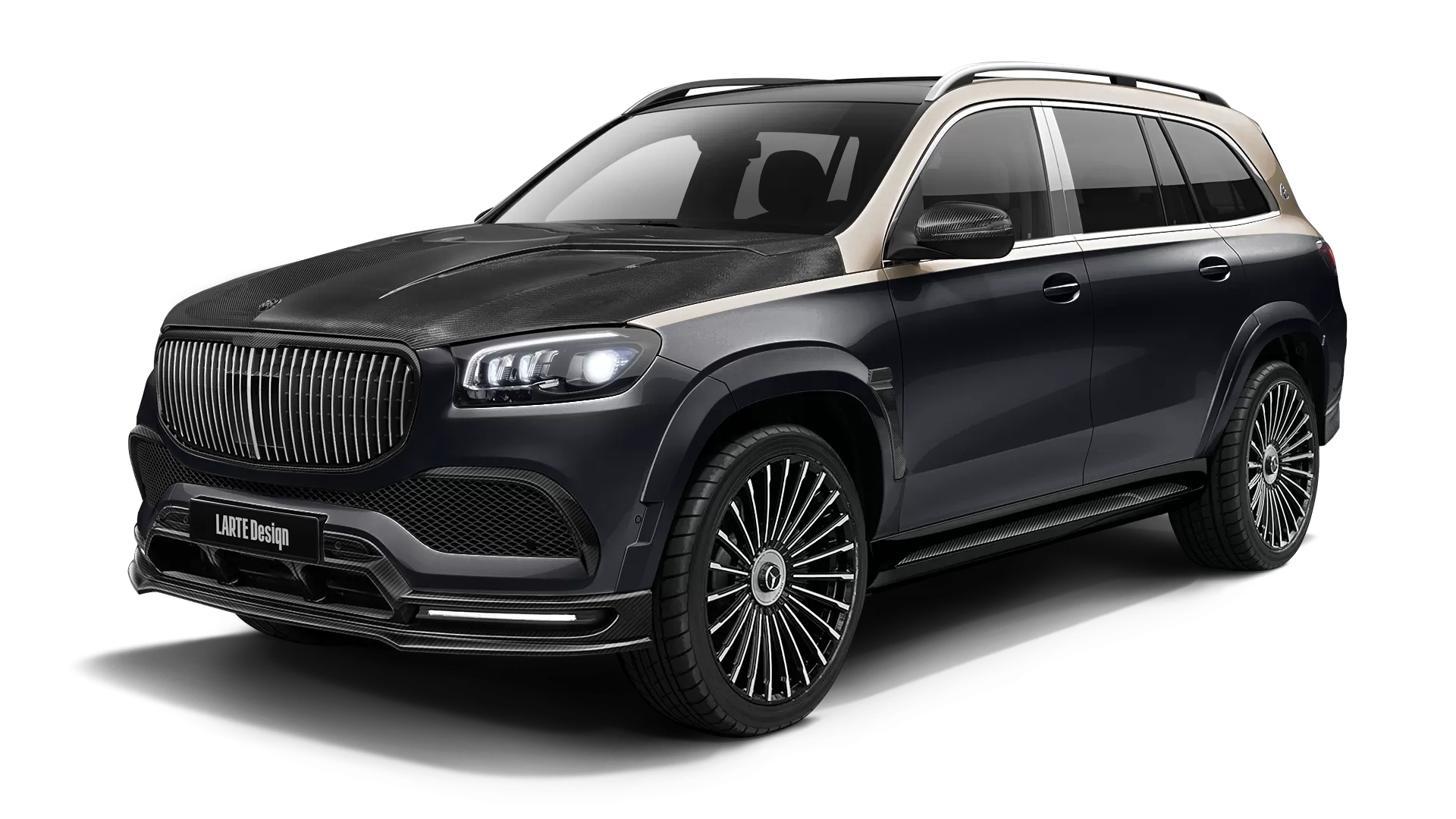Mercedes Maybach GLS 600 with carbon body kit: front view shown in Obsidian Black & Kalahari Gold