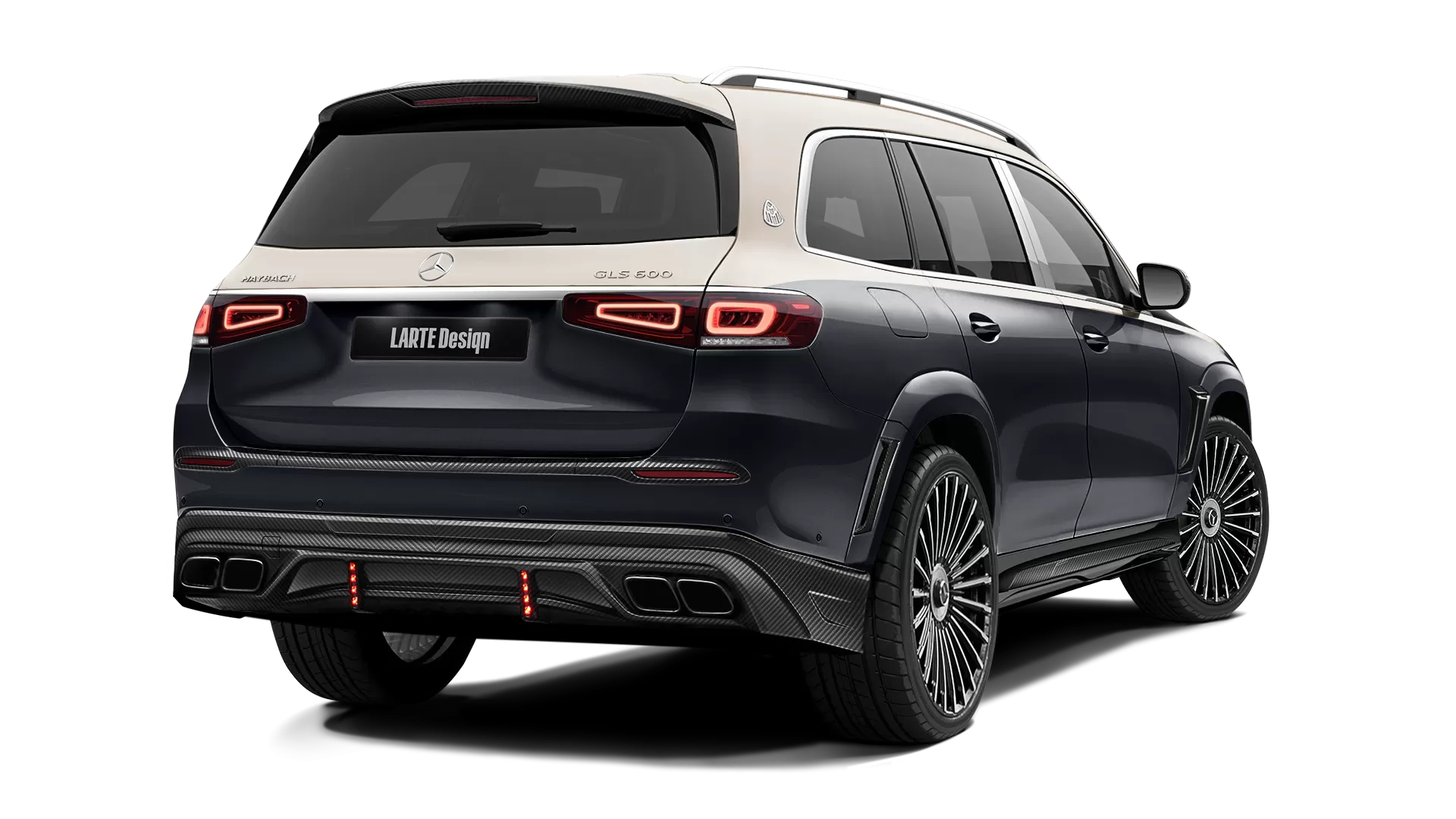 Mercedes Maybach GLS 600 with carbon body kit: back view shown in Obsidian Black & Kalahari Gold