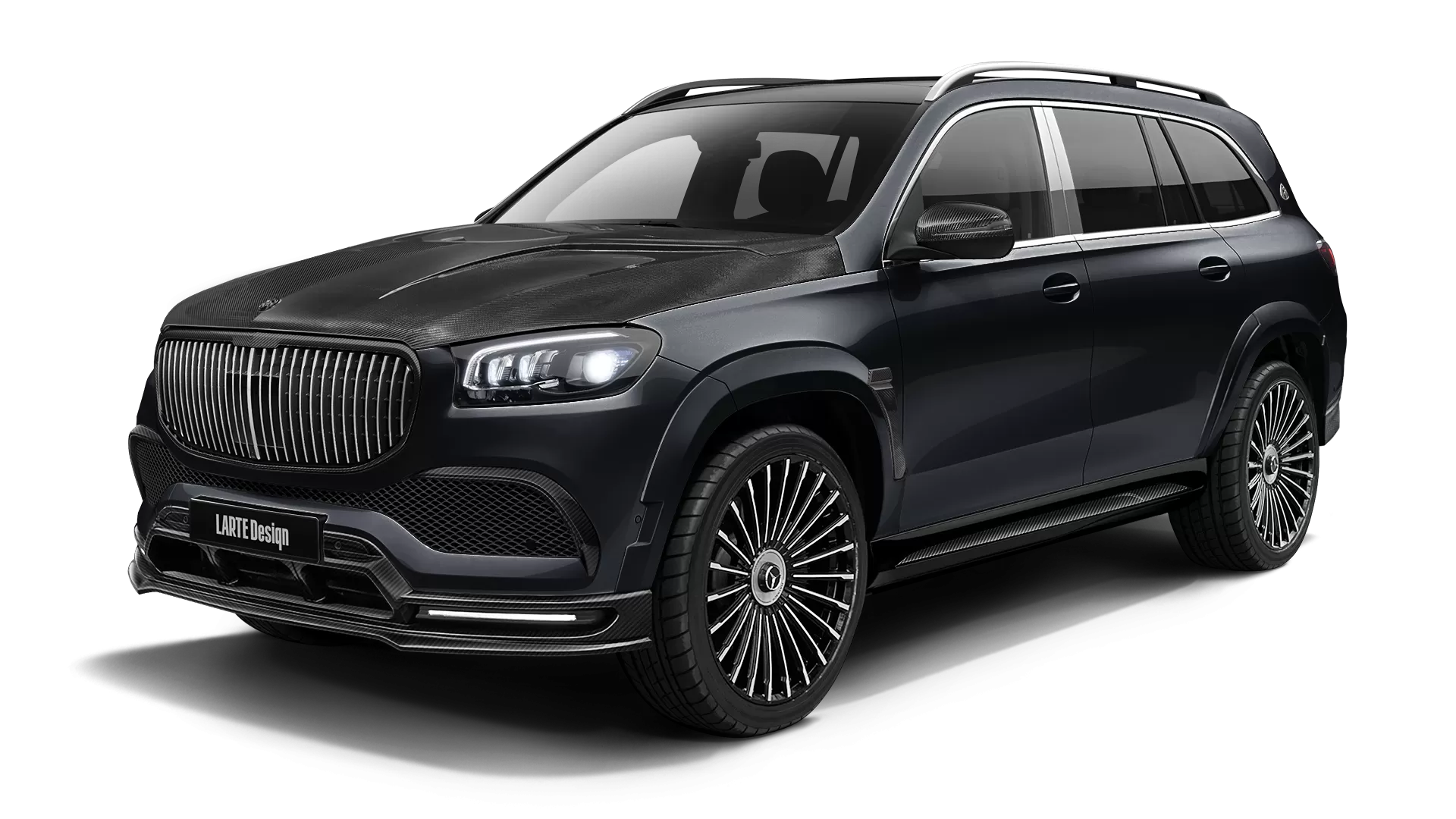 Mercedes Maybach GLS 600 with carbon body kit: front view shown in Obsidian Black (Non Metallic)