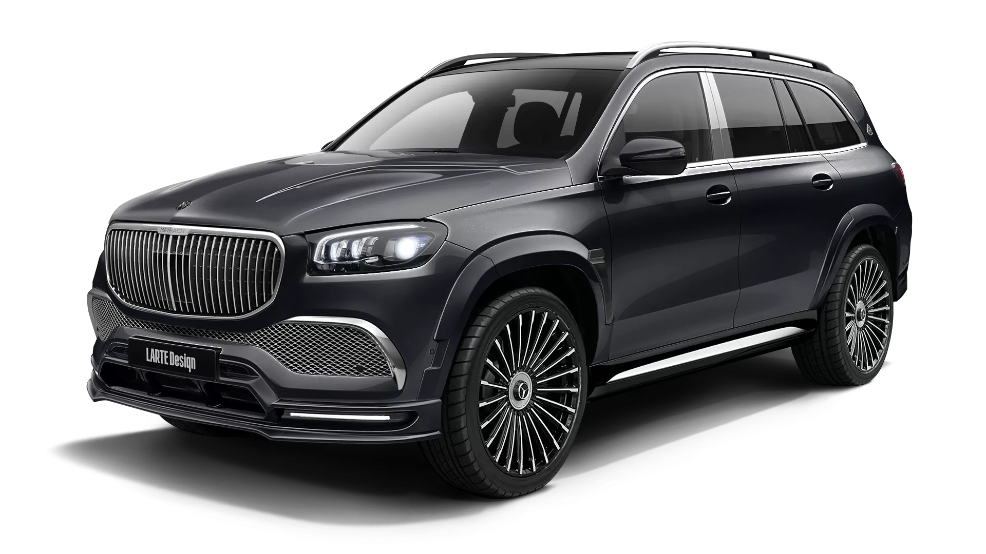 Mercedes Maybach GLS 600 with painted body kit: front view shown in Obsidian Black