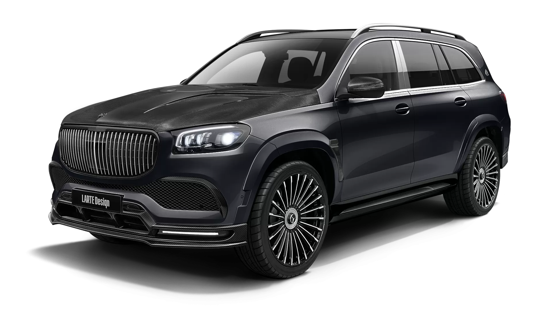 Mercedes Maybach GLS 600 with carbon body kit: front view shown in Obsidian Black