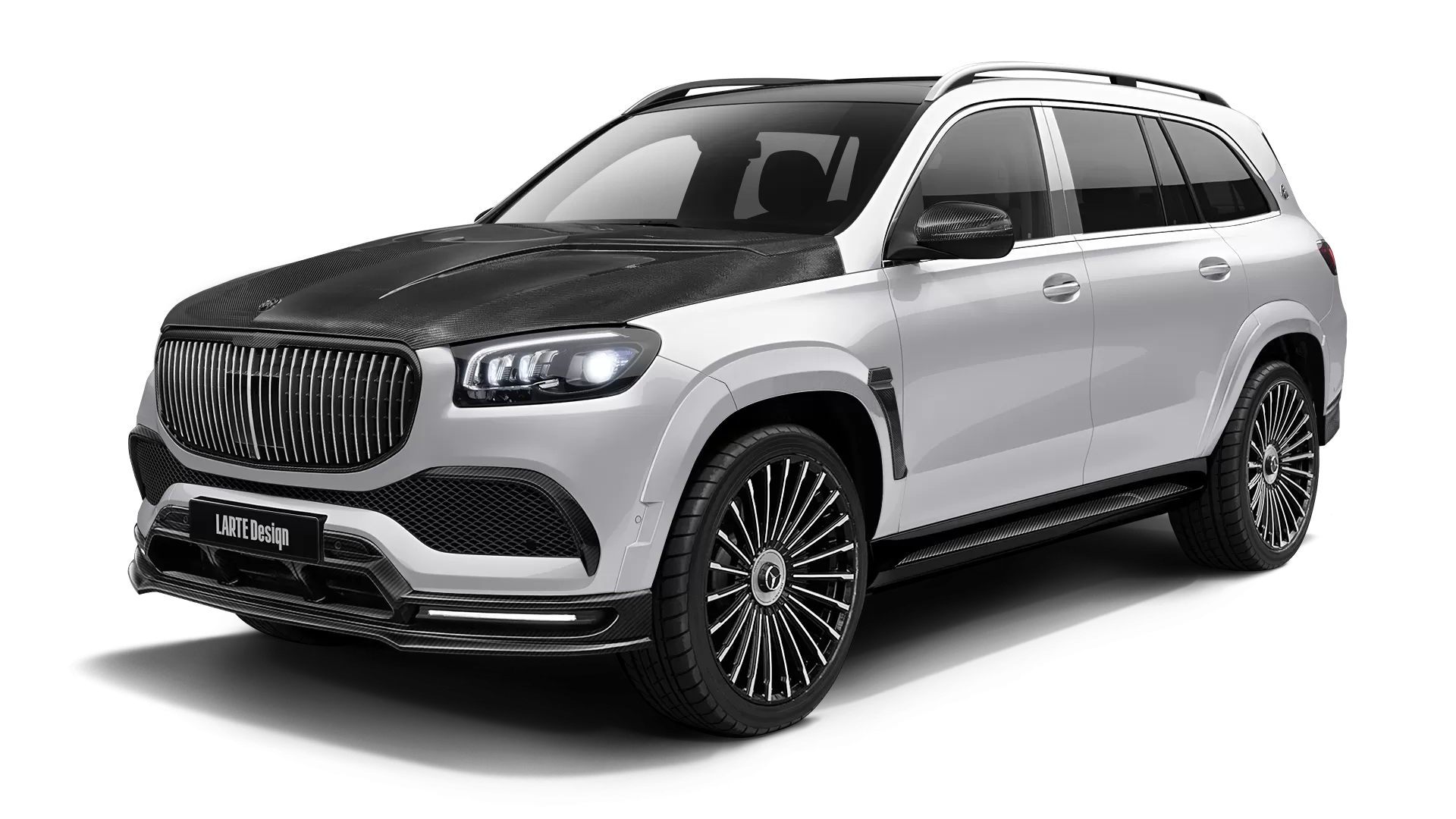 Mercedes Maybach GLS 600 with carbon body kit: front view shown in Polar White