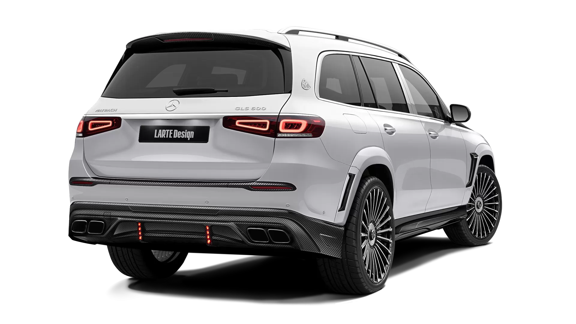 Mercedes Maybach GLS 600 with carbon body kit: back view shown in Polar White